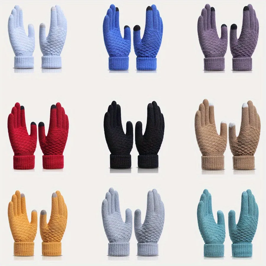 1 Pair Winter Warmth Gloves, Unisex Thermal Knit Touchscreen Gloves, Full Finger Thickened Windproof, Stretchable Acrylic Yarn, Machine Washable - Assorted Colors