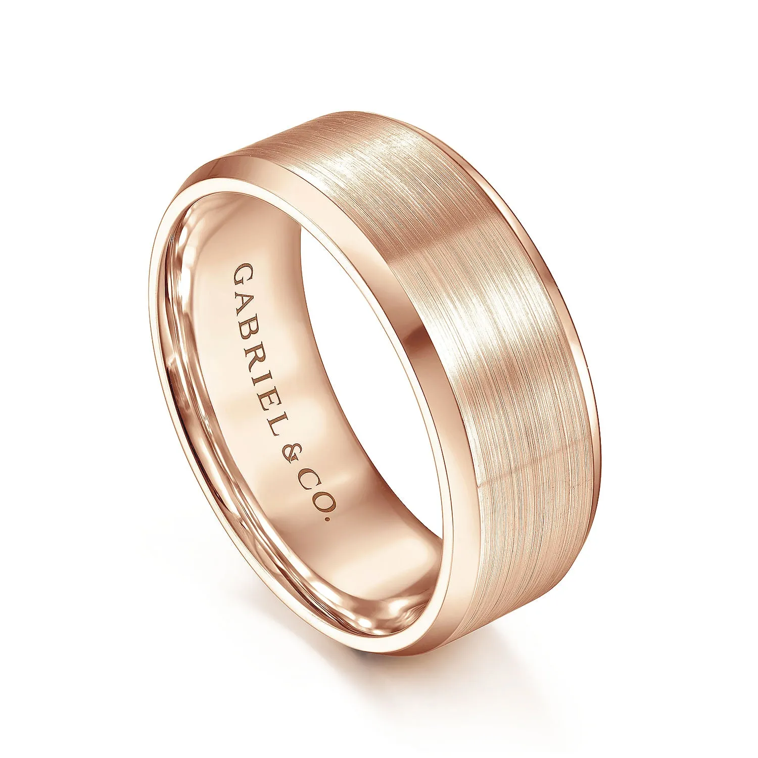 14K Rose Gold 8mm - Satin Finish Men's Wedding Band with Beveled Edge