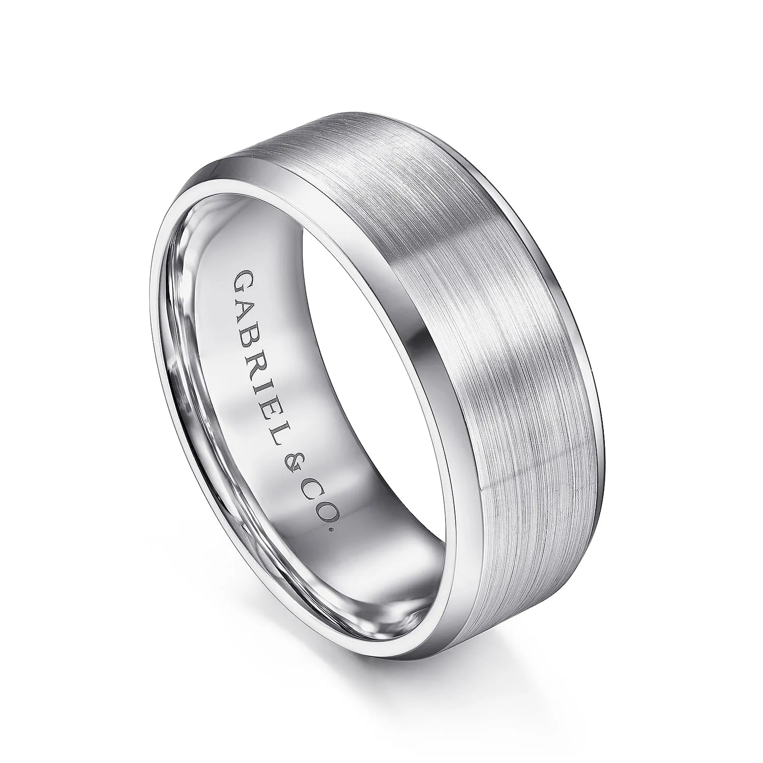 14K White Gold 8mm - Satin Finish Men's Wedding Band with Beveled Edge