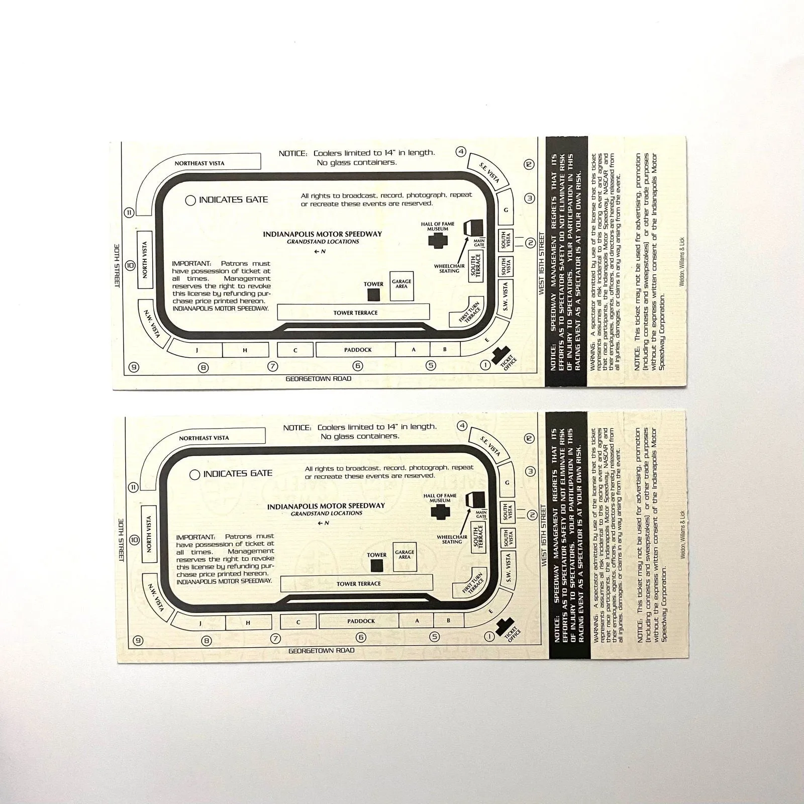 1999 Brickyard 400 Indianapolis Motor Speedway Ticket Stubs, Pair of