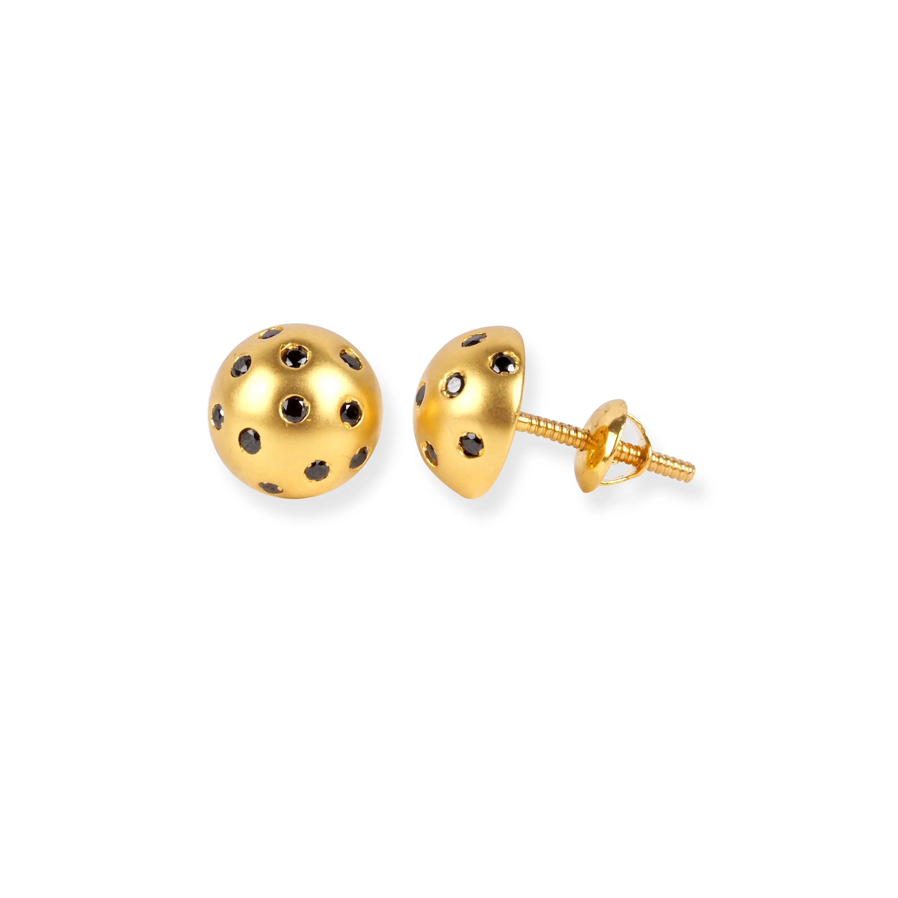 22ct Gold Brushed Finish Stud Earrings with Black Cubic Zirconia Stones.