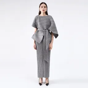 2pcs Miyake Pleated Jacket & Maxi Dress with Belt