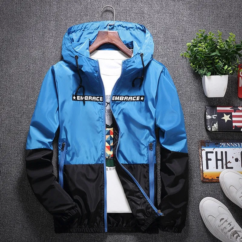 All Weather Casual Jacket Men Patchwork Slim Fit Hooded Coat Sportswear Zipper Thin Windbreaker Jackets