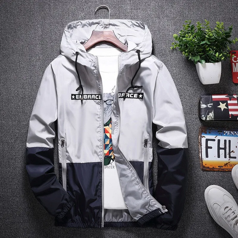 All Weather Casual Jacket Men Patchwork Slim Fit Hooded Coat Sportswear Zipper Thin Windbreaker Jackets