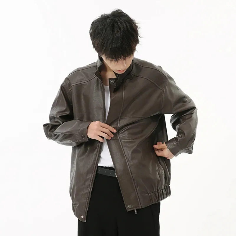 American Style Men's Jackets PU Leather Casual Zippers Menwear Stand Collar Solid Color Loose Male Tops Stylish 9C6877