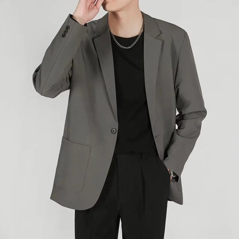 Autumn Male Suit Casual Pockets Single Button Solid Color Business Loose Men's Blazer Solid Color Simple 9C6755