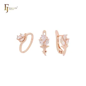 Big knot of flower white czs Rose Gold Jewelry Set with Rings