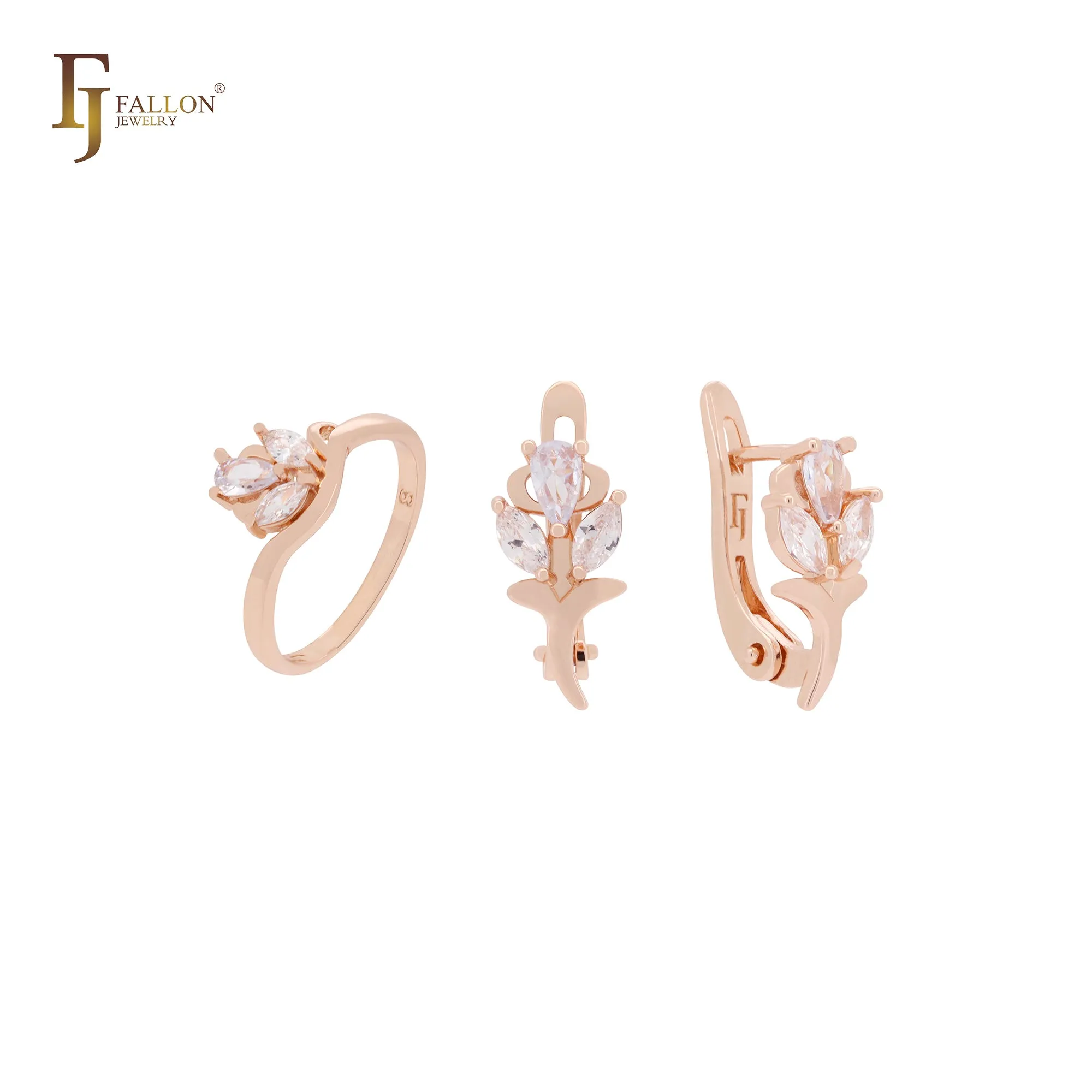 Big knot of flower white czs Rose Gold Jewelry Set with Rings