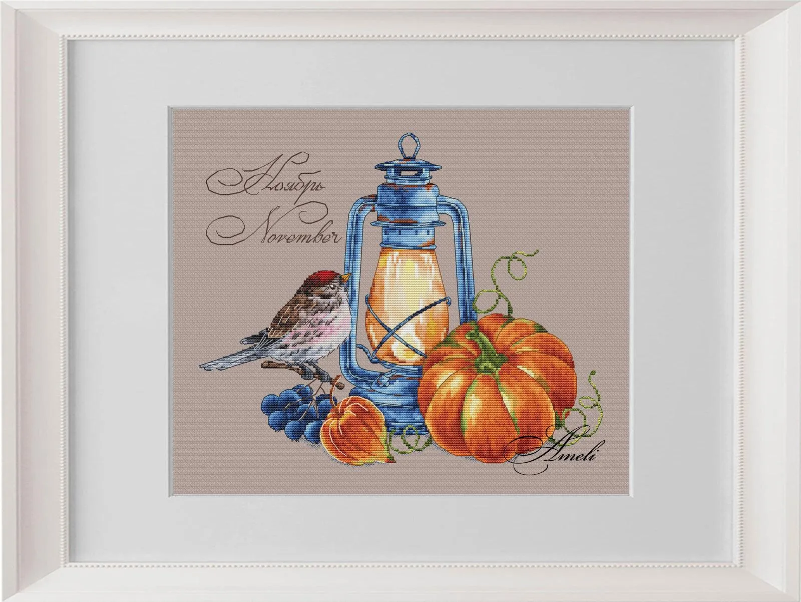 Bird with a Pumpkin. November. Calendar Series - PDF Cross Stitch Pattern