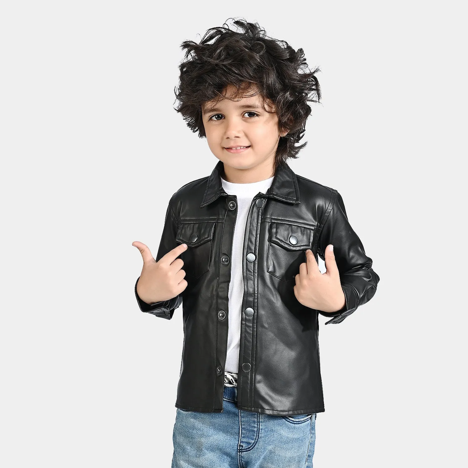 Boys Polyurethane Shacket-BLACK