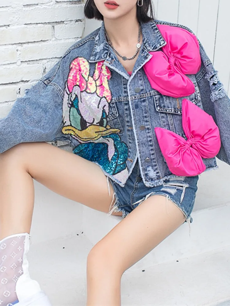 Cartoon Patch Sequins Casual Denim Jackets For Women Lapel Long Sleeve Spliced Bow Loose Jacket Female Fashion