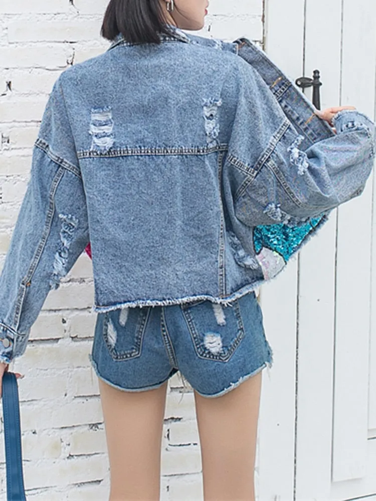 Cartoon Patch Sequins Casual Denim Jackets For Women Lapel Long Sleeve Spliced Bow Loose Jacket Female Fashion