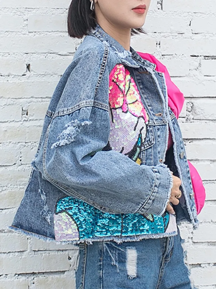 Cartoon Patch Sequins Casual Denim Jackets For Women Lapel Long Sleeve Spliced Bow Loose Jacket Female Fashion