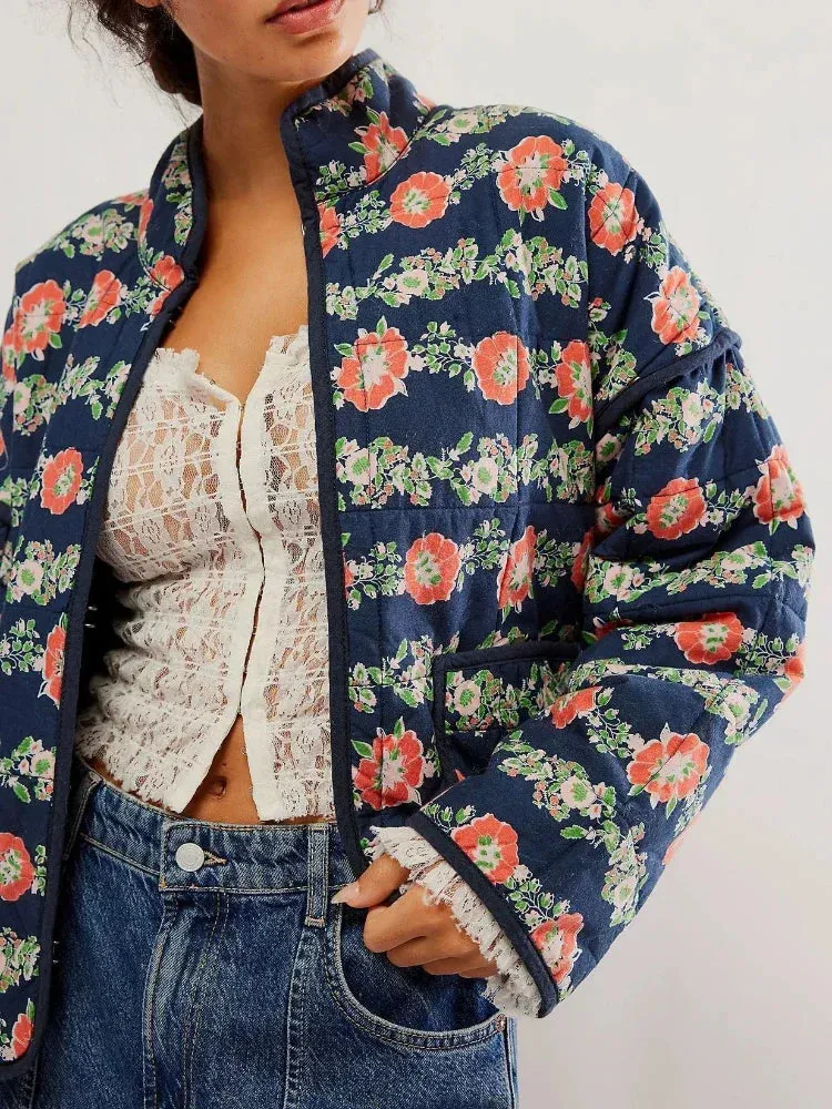 Casual Pocket Cardigan Fashion Print Flower Autumn Slim Jacket