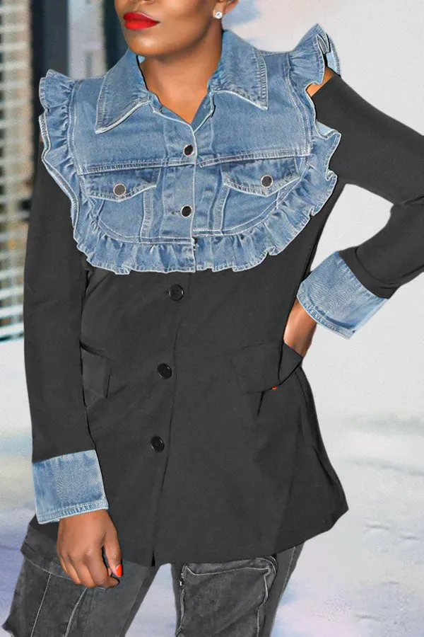 Casual Single Breasted Denim Ruffled Blazer