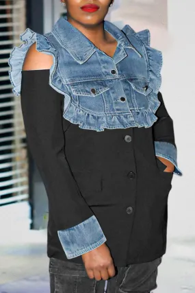 Casual Single Breasted Denim Ruffled Blazer