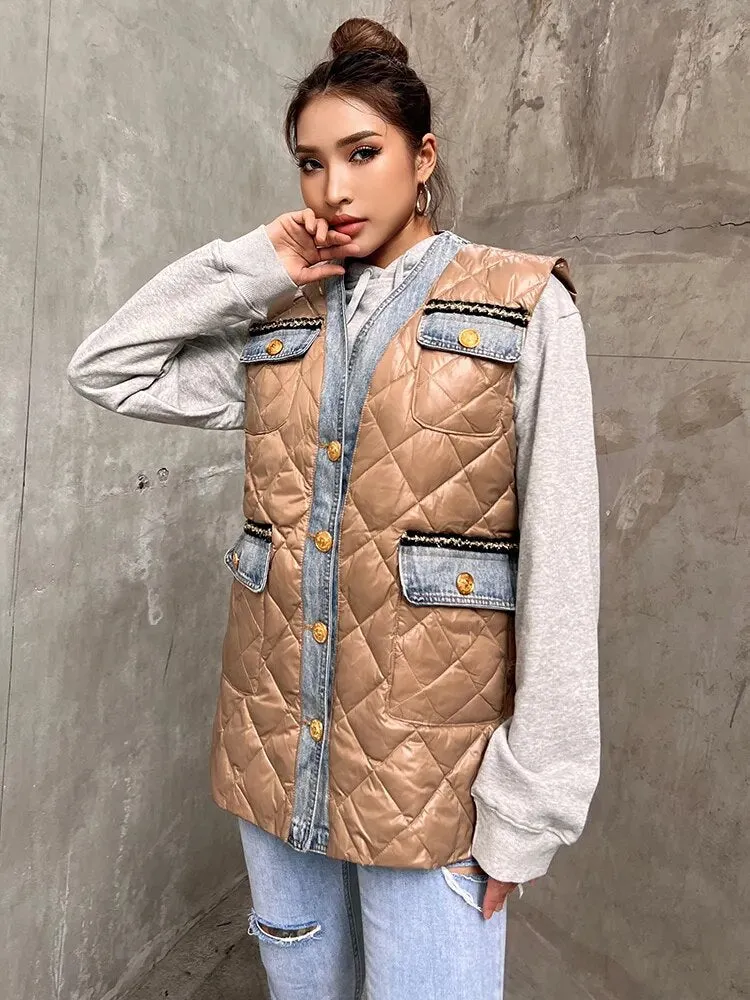 Casual Thick Vest For Women V Neck Sleeveless Solid Minimalist Single Breasted Jackets Female Winter Clothing