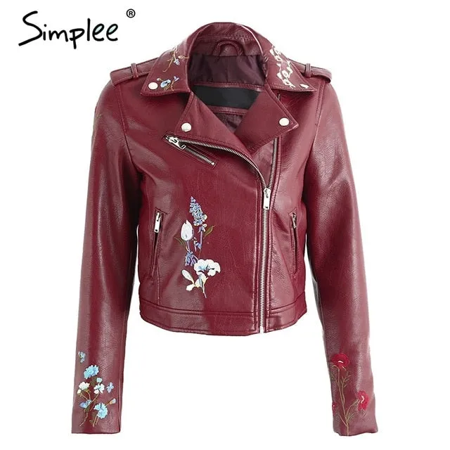 Embroidery faux leather coat Motorcycle zipper wine red leather jacket women Fashion cool outerwear winter jacket