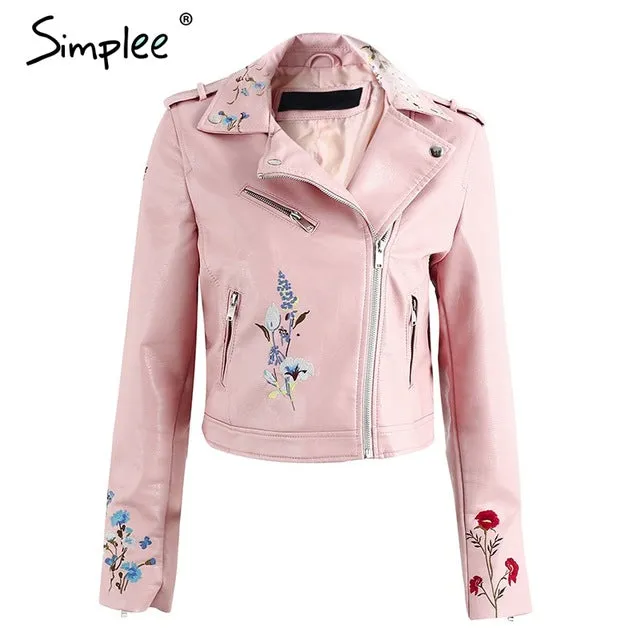 Embroidery faux leather coat Motorcycle zipper wine red leather jacket women Fashion cool outerwear winter jacket