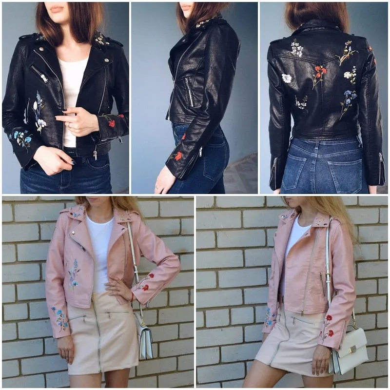 Embroidery faux leather coat Motorcycle zipper wine red leather jacket women Fashion cool outerwear winter jacket