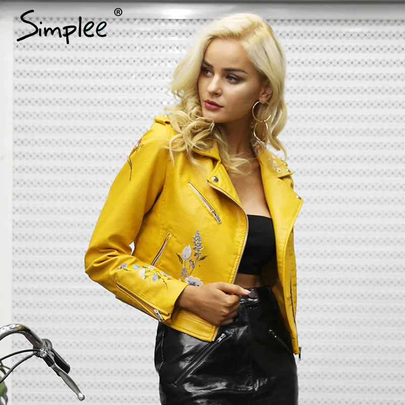 Embroidery faux leather coat Motorcycle zipper wine red leather jacket women Fashion cool outerwear winter jacket