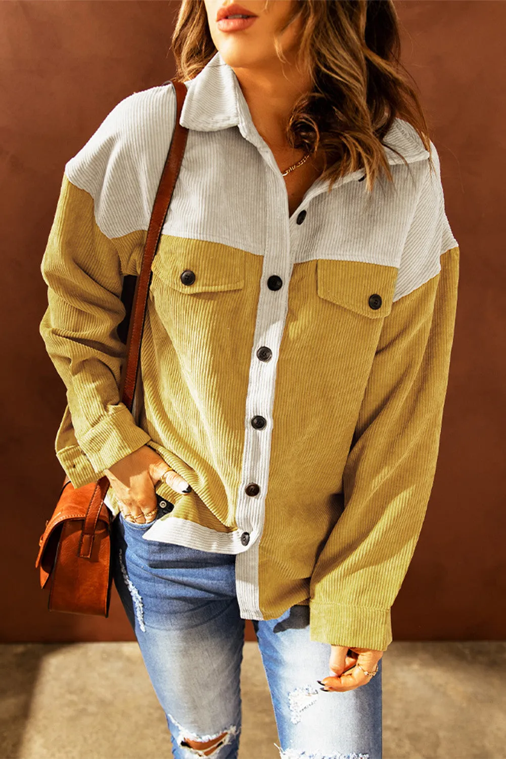 Gray Buttoned Color Block Corduroy Jacket