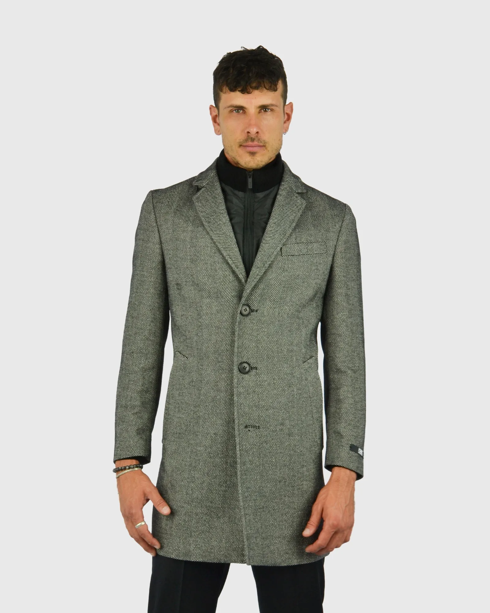 KARL LAGERFELD 455704 HERRINGBONE SALT & PEPPER OVERCOAT