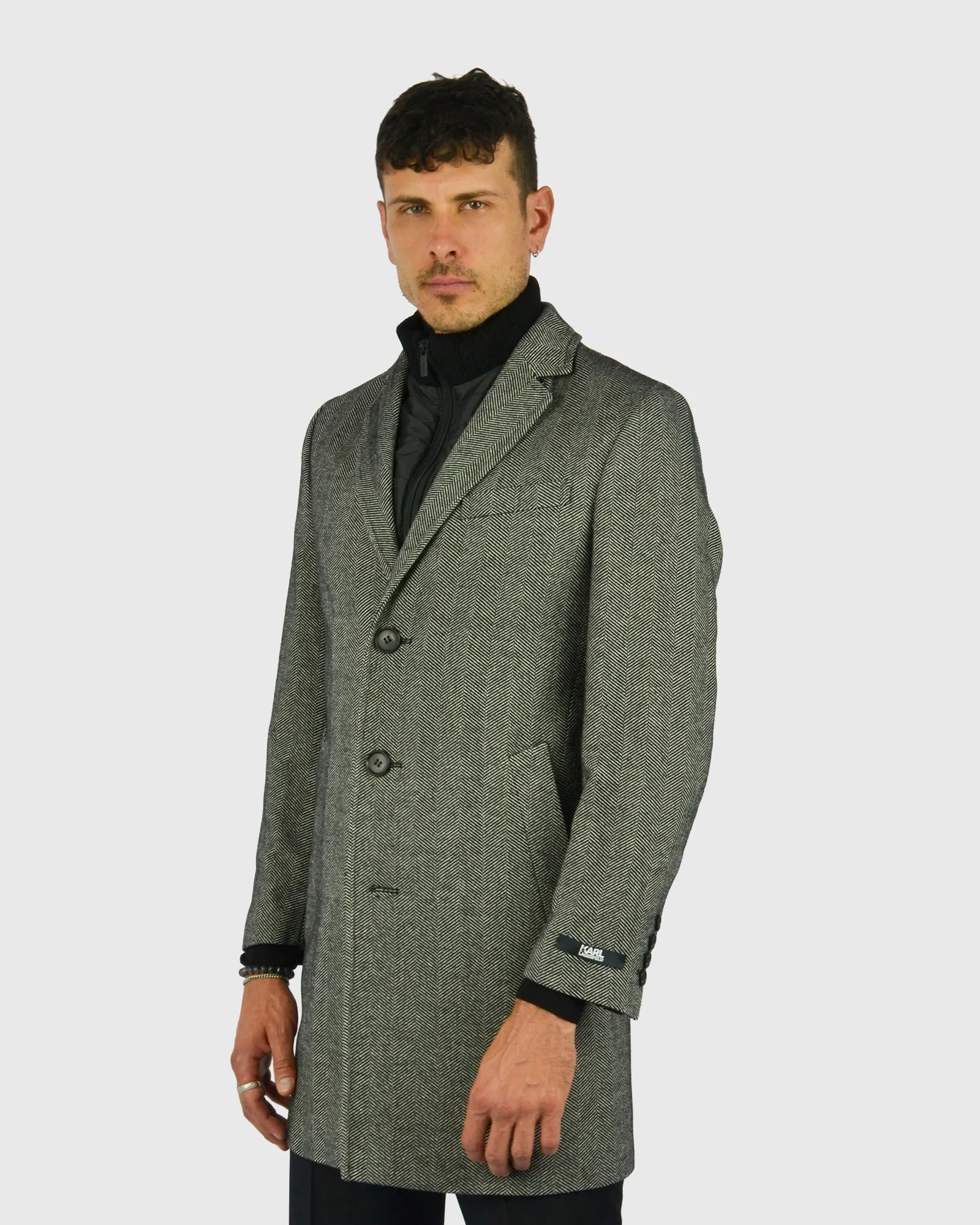 KARL LAGERFELD 455704 HERRINGBONE SALT & PEPPER OVERCOAT