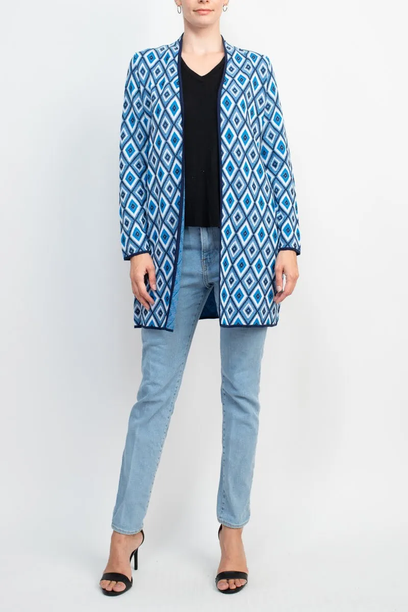 Kasper Open Front Piping Detail Diamond Jacquard Cardigan