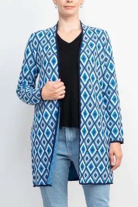 Kasper Open Front Piping Detail Diamond Jacquard Cardigan