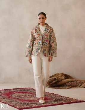 Nayaab Off-White Kalamkari Print Sozni Outlined Fine Wool Blazer