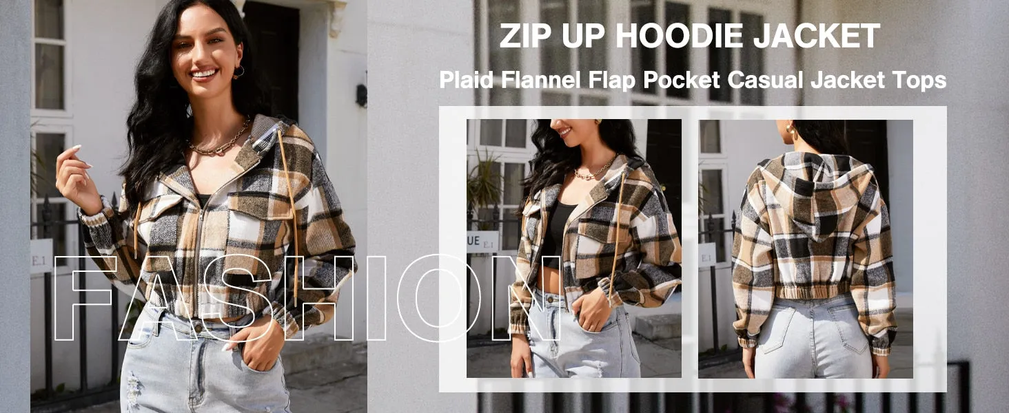 Plaid Flannel Flap Pocket Zip Hooded Jacket Women's Drop Shoulder Coat Zip Up Short Jacket Winter Outwear