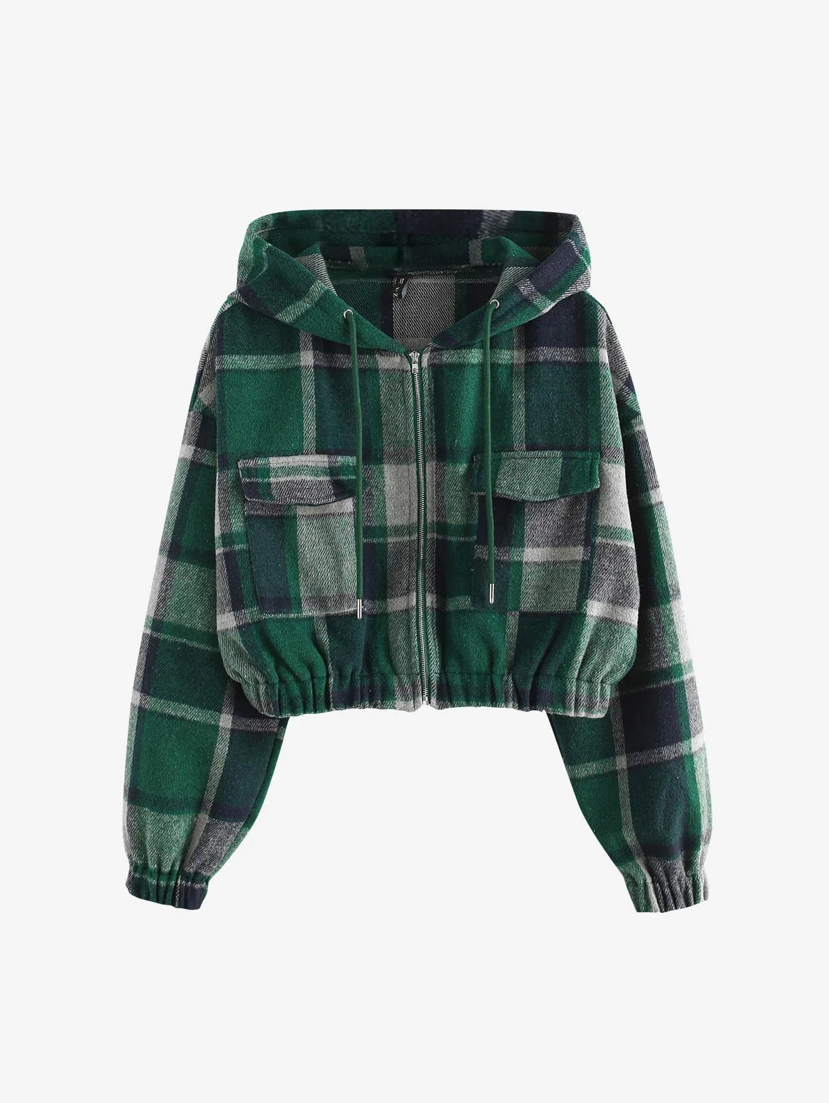 Plaid Flannel Flap Pocket Zip Hooded Jacket Women's Drop Shoulder Coat Zip Up Short Jacket Winter Outwear