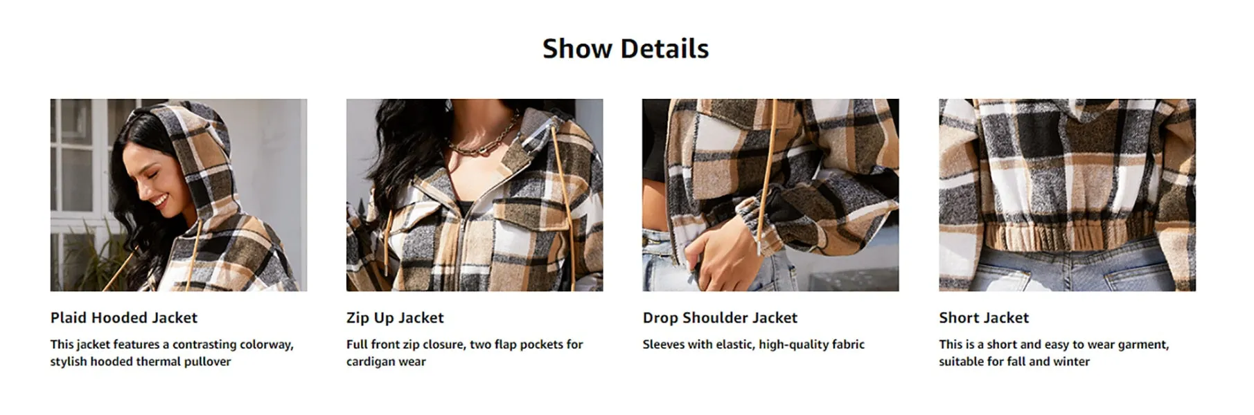 Plaid Flannel Flap Pocket Zip Hooded Jacket Women's Drop Shoulder Coat Zip Up Short Jacket Winter Outwear