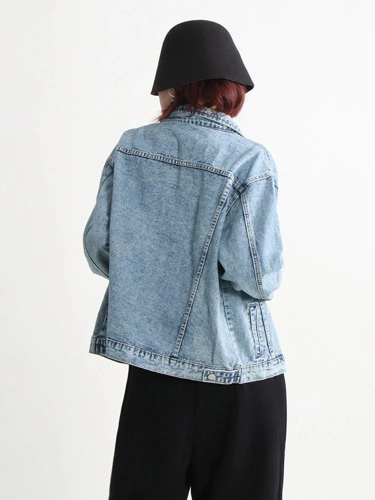 Solid Denim Jackets For Women Lapel Long Sleeve Patchwork Pocket Casual Temperament Jacket Female Fashion