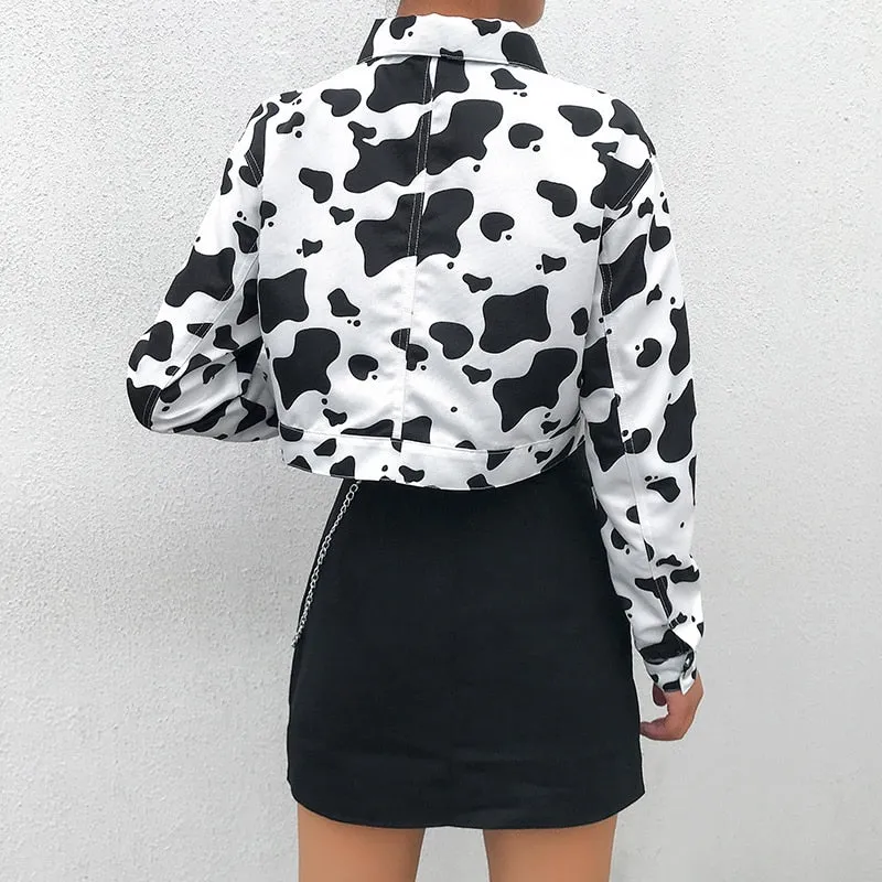 Streetwear Cow Print Cropped Casual Buttons Coat Women Cardigan Spring Autumn Basic Jacket