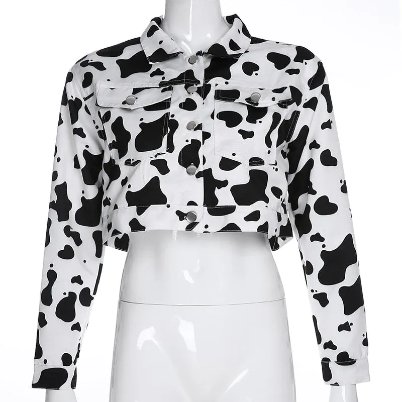 Streetwear Cow Print Cropped Casual Buttons Coat Women Cardigan Spring Autumn Basic Jacket