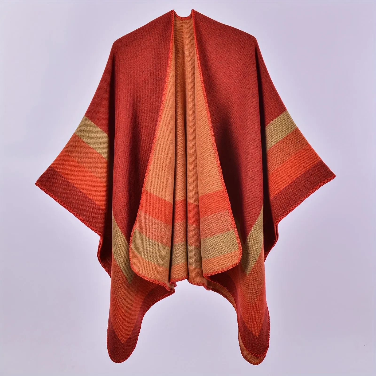 Stripe Jacquard Large Shawl Vintage Imitation Cashmere Warm Cape Scarf Blanket Wraps Reversible Windproof Cardigan