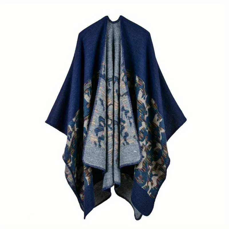 Stripe Jacquard Large Shawl Vintage Imitation Cashmere Warm Cape Scarf Blanket Wraps Reversible Windproof Cardigan