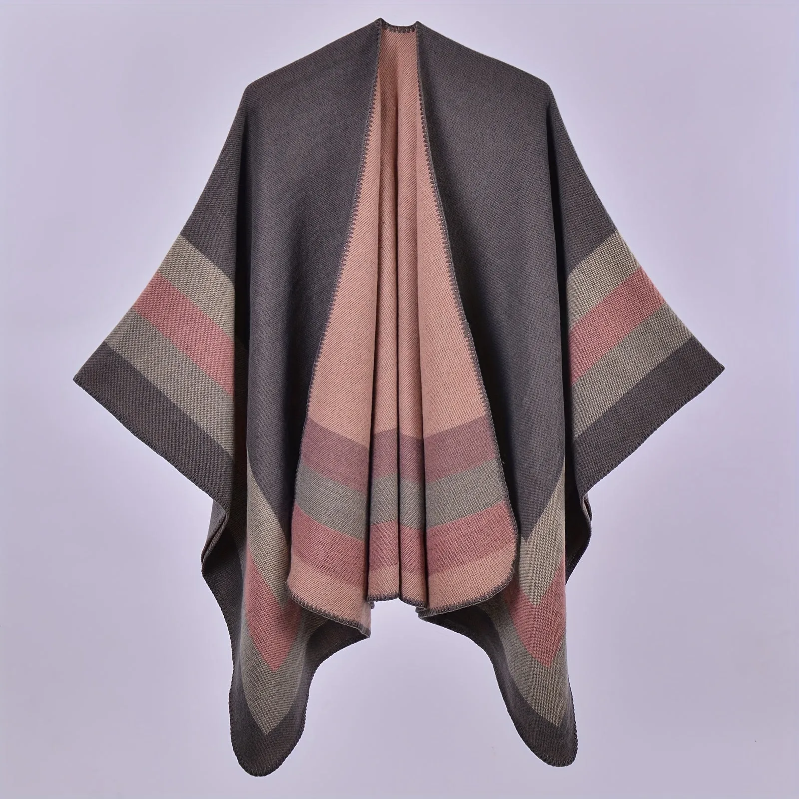 Stripe Jacquard Large Shawl Vintage Imitation Cashmere Warm Cape Scarf Blanket Wraps Reversible Windproof Cardigan