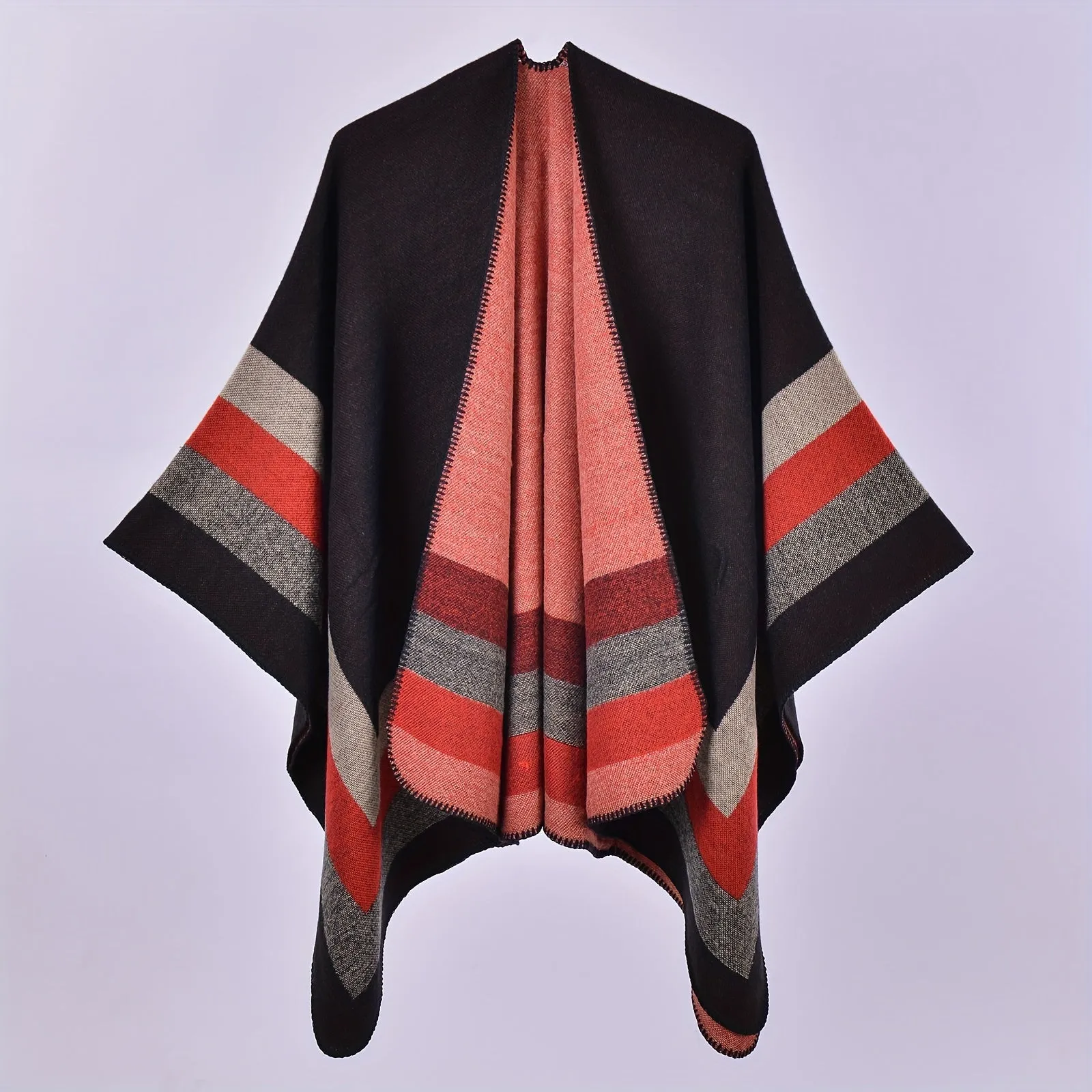 Stripe Jacquard Large Shawl Vintage Imitation Cashmere Warm Cape Scarf Blanket Wraps Reversible Windproof Cardigan