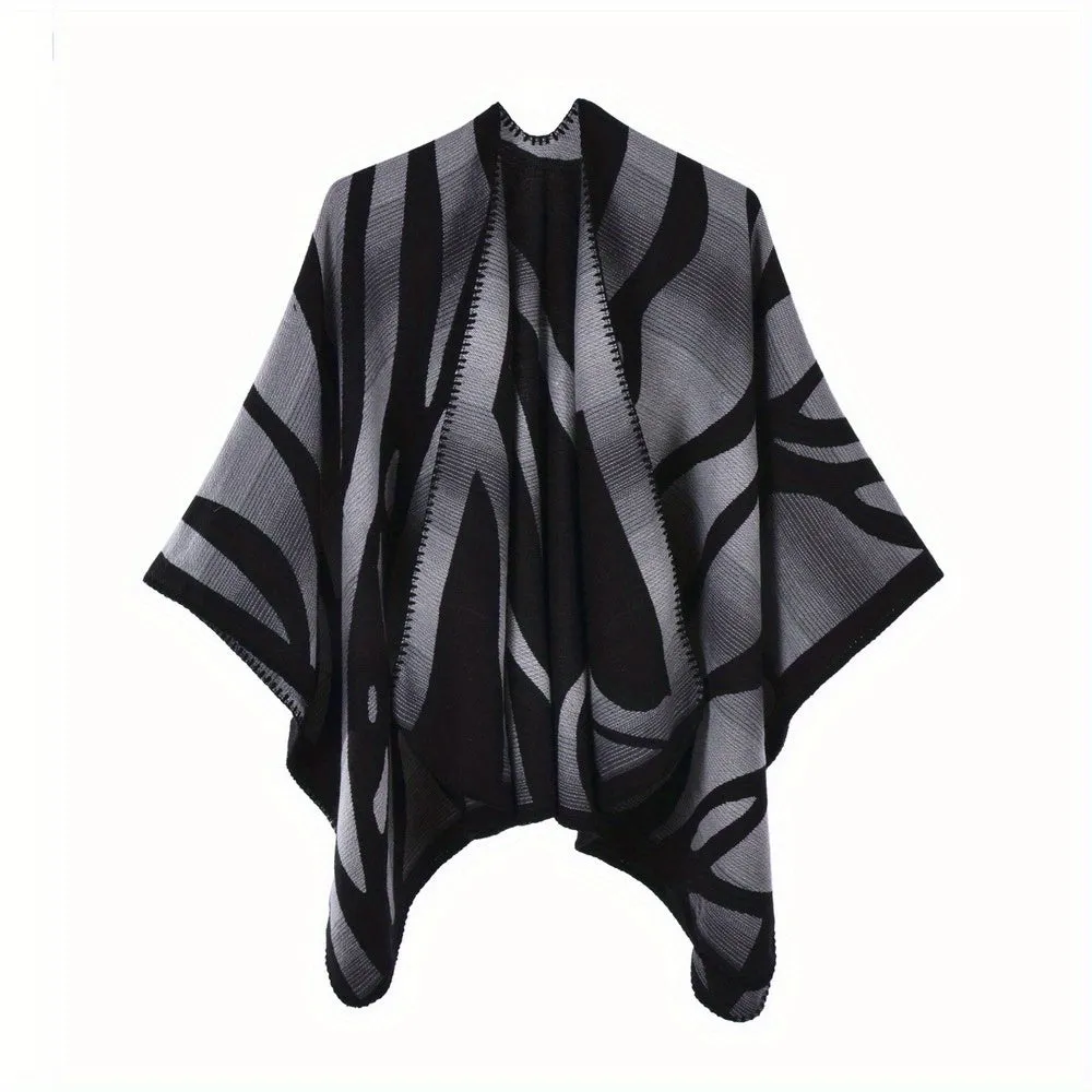 Stripe Jacquard Large Shawl Vintage Imitation Cashmere Warm Cape Scarf Blanket Wraps Reversible Windproof Cardigan