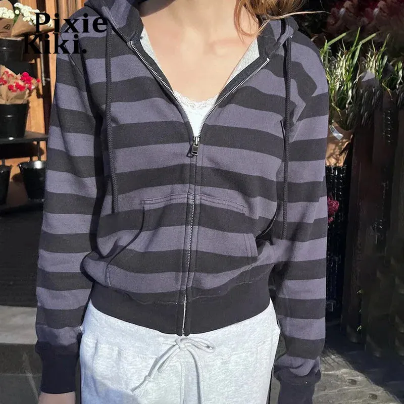 Striped Zipper Hoodie Women Clothing 2024 Fall Winter Y2k Vintage Sweatshirts Casual Jackets P84-DC31