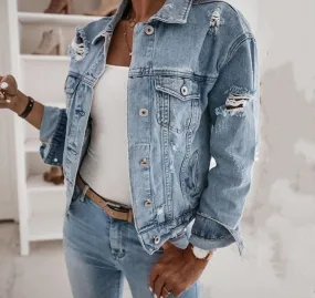 Wenkouban Women's  Casual Short Jean Jacket Sexy Denim Jackets Solid Casual Blue Cowboy Jackets Hole Loose Jean Coats