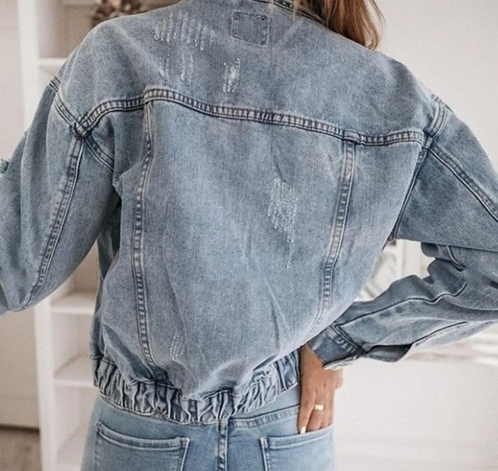 Wenkouban Women's  Casual Short Jean Jacket Sexy Denim Jackets Solid Casual Blue Cowboy Jackets Hole Loose Jean Coats