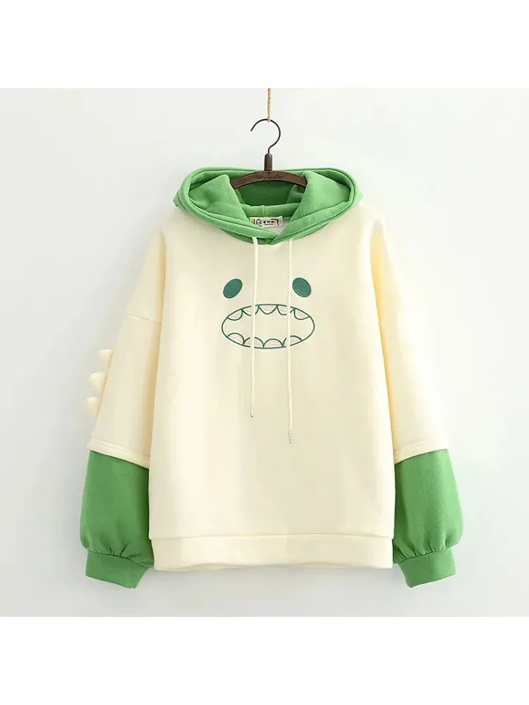 Women Hooded Sweatshirt Casual Loose Long Sleeve Cartoon Embroidery Hoodies Female Winter Fleece Thick Pullover