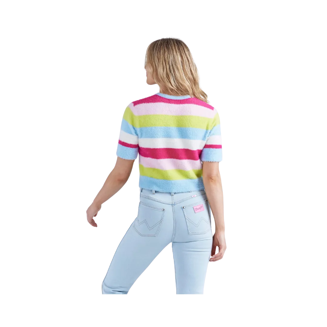 Wrangler x Barbie Ladies  Cropped Fuzzy Rainbow Sweater