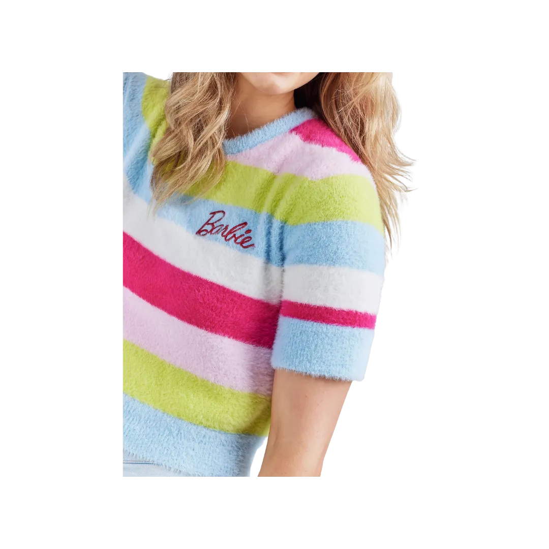 Wrangler x Barbie Ladies  Cropped Fuzzy Rainbow Sweater